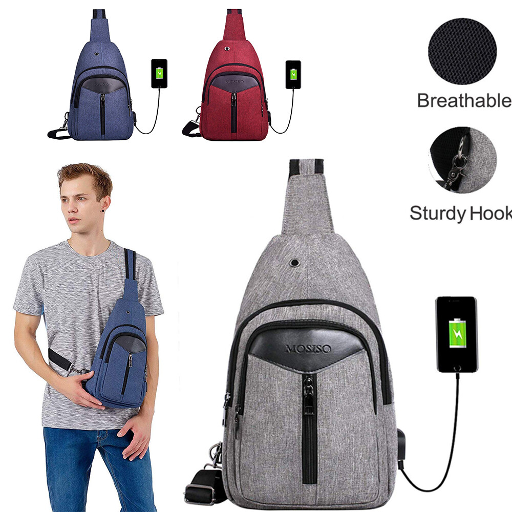 Mens Shoulder Bag Rope Sling Bag Hiking Daypack USB Charging Crossbody Handbag