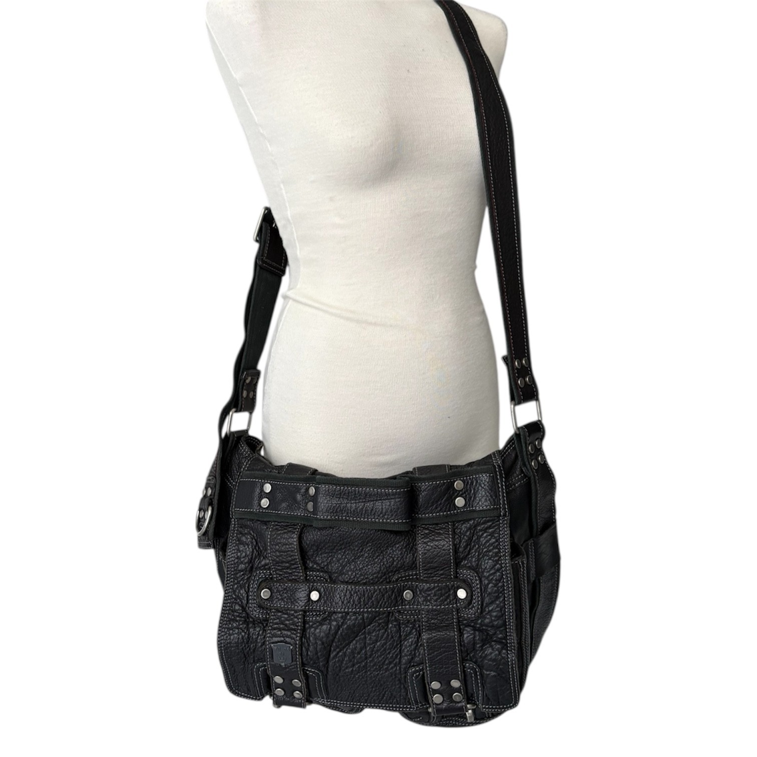 DIESEL Vintage Leather Messenger Bag Black Harness Avant Garde Industrial Biker