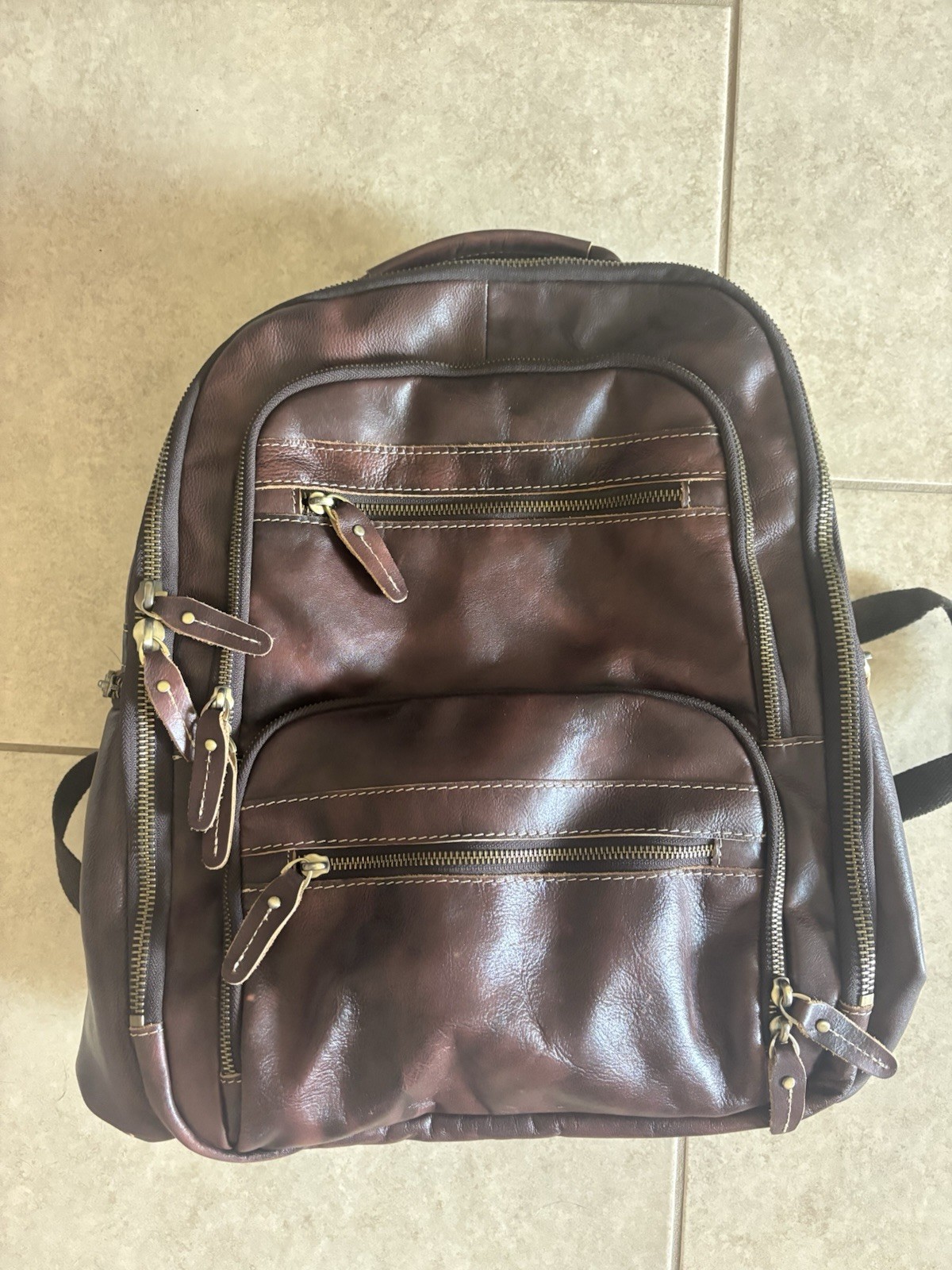 LANNSYNE Leather Brown Zip Backpack Adjustable Strap Multi Pocket Lined