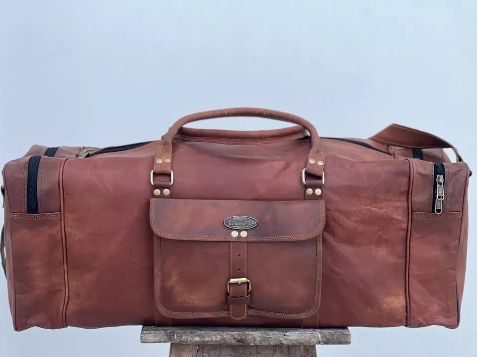 NEW 36″ Men Genuine Goat Leather Brown Duffel Travel Gym Weekend Overnight Bag