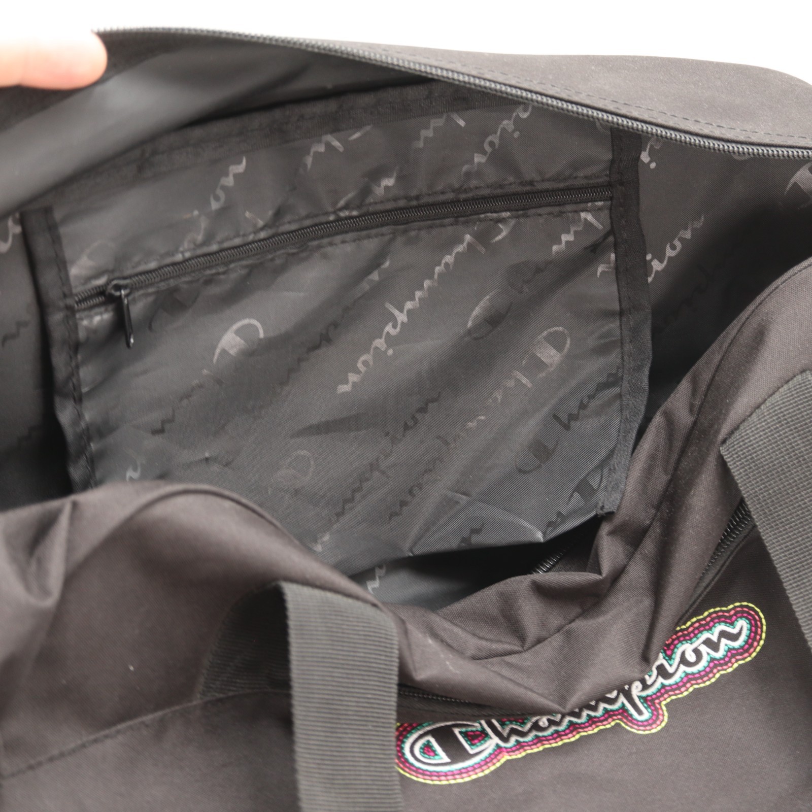 Champion Embroidered Multicolor Black Duffle Bag Medium Gym Travel Shoulder Pack