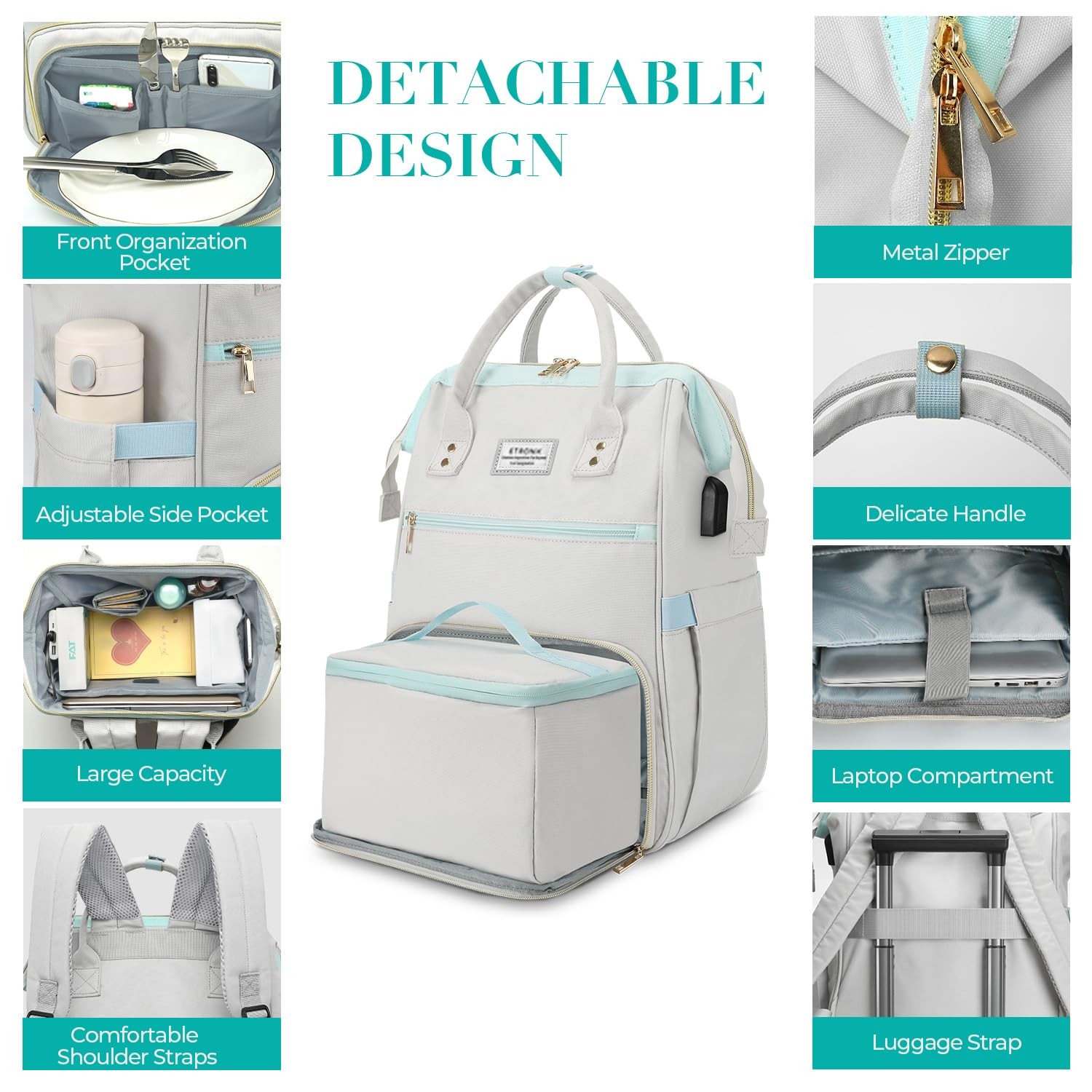 Grey Blue 15.6 Inch Lunch Backpack, USB Port, Insulated, Nurse, Teacher, Women