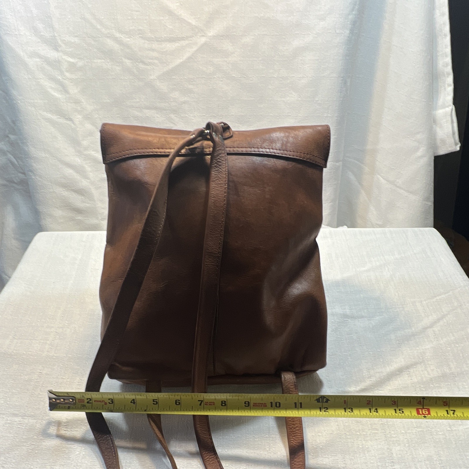 Raven + Lily Handmade Leather Foldover Backpack, Cognac Brown, 12″x9″x4″