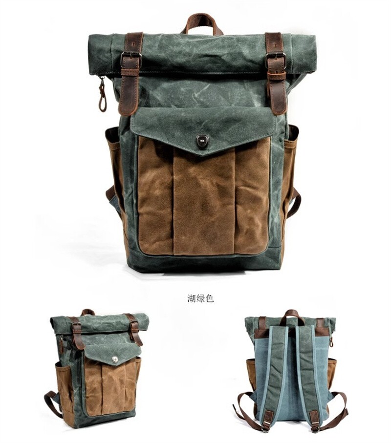 Men Retro Oil Wax Canvas Backpack Shoulder Bag Leisure Travel Knapsack