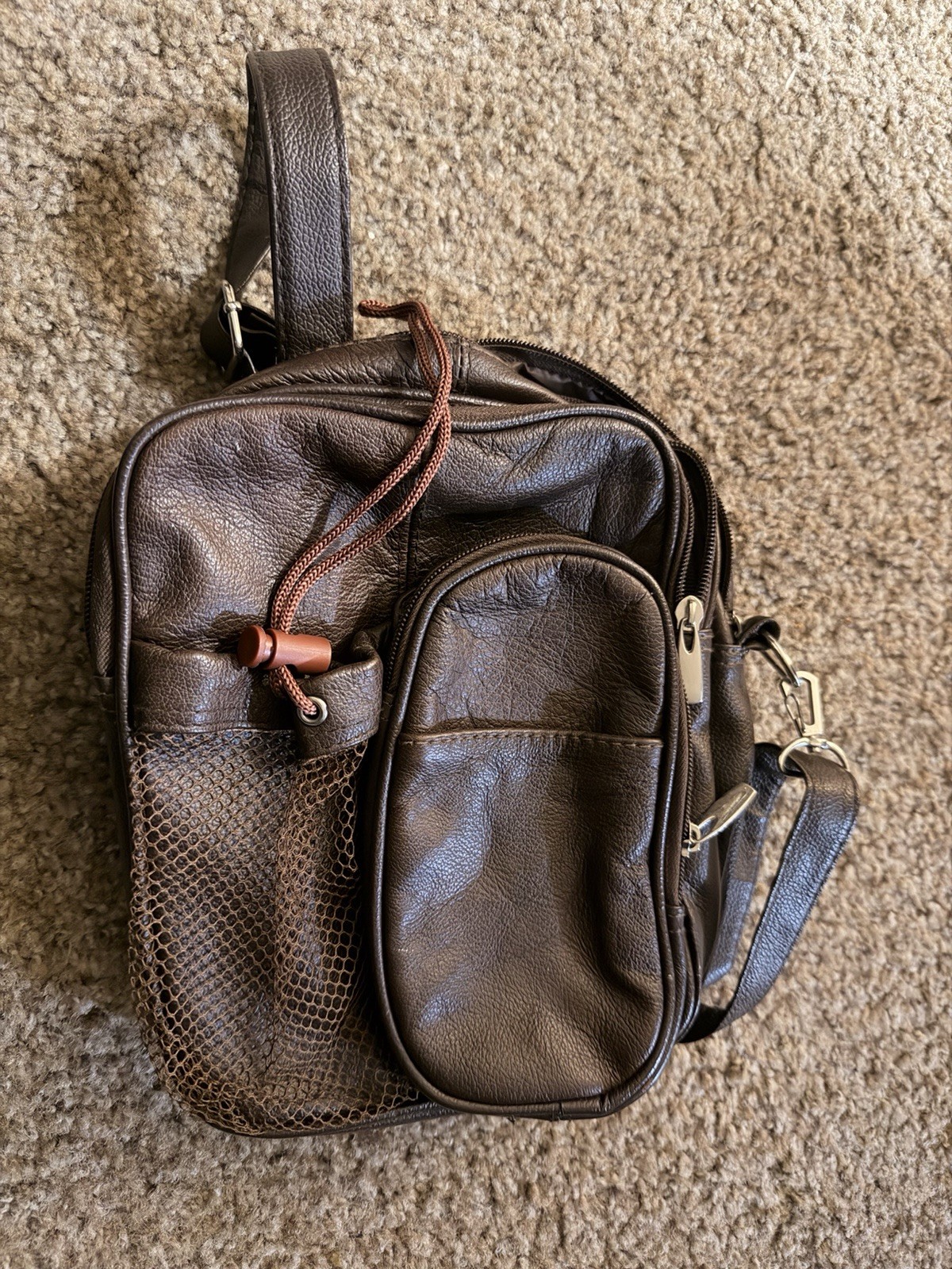 Brown Shoulder Bag Zip Drawstring Closure Adjustable Strap Outer Pockets Men