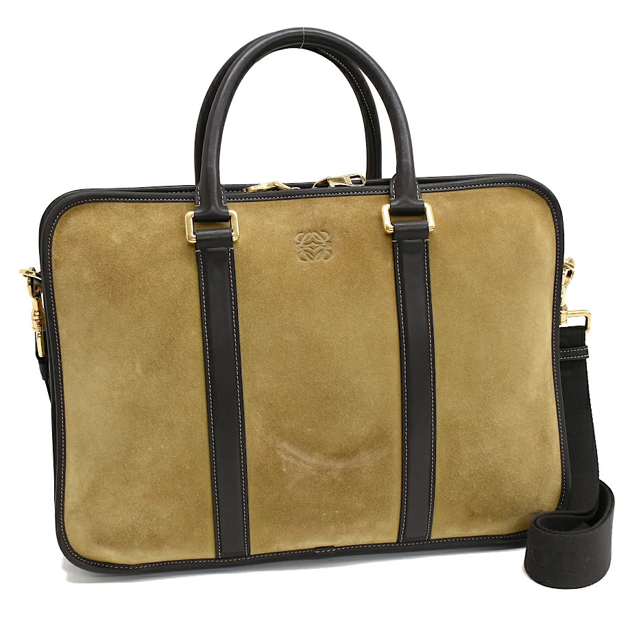 LOEWE 2way Briefcase Business Bag Suede Leather Anagram Khaki Green Brown Gold