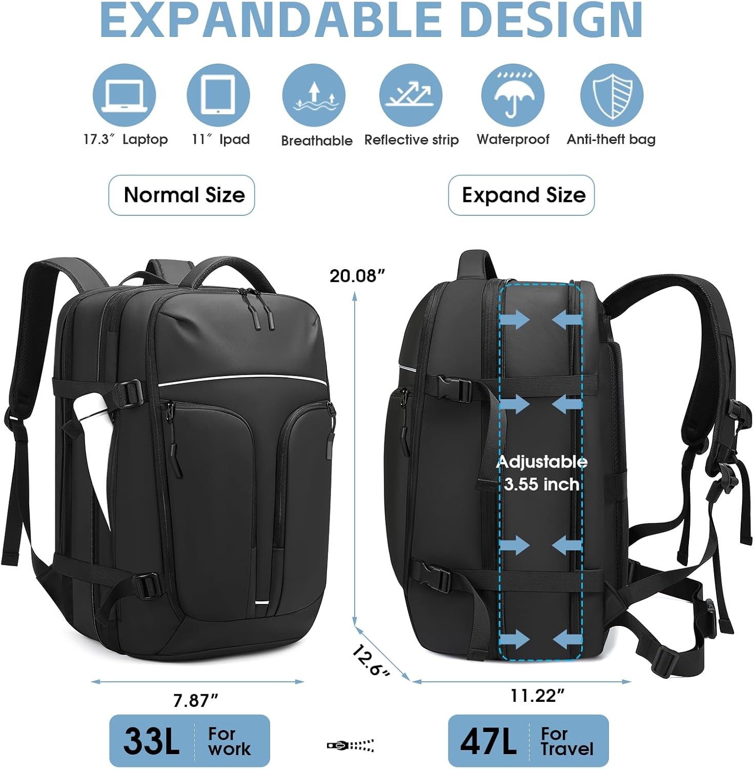 Vacuum Compression Backpack for Travel, 47L Expandable Backpack with Pump, 17 in