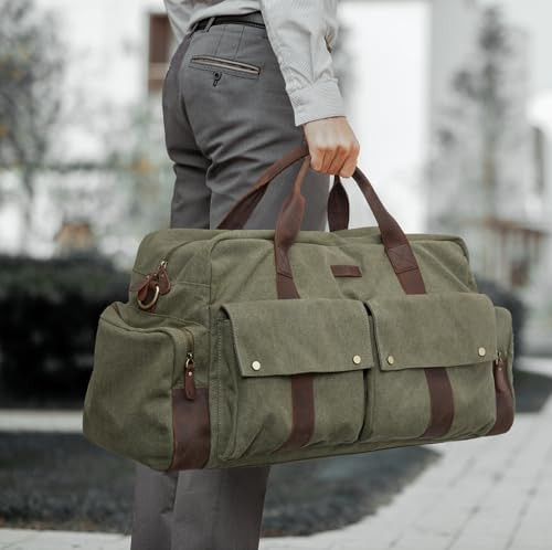 Unisex 56L Duffle Bag Canvas Travel Bag Carry on Leather Trim Army Green
