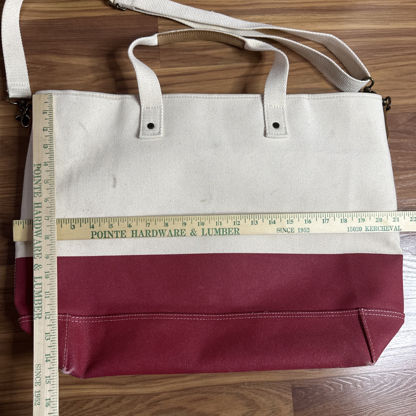 LL Bean Boat & Tote Zip Top Bag Canvas Ivory/Red L/XL Teacher Beach Leather Trim