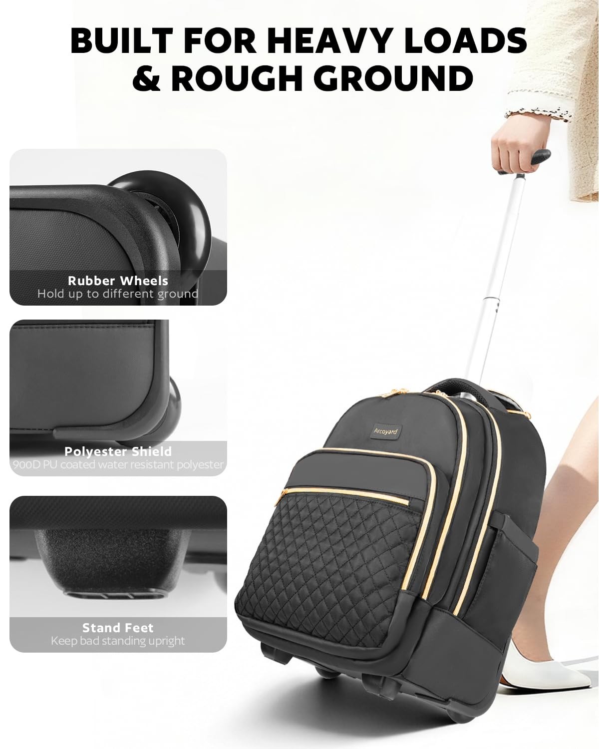Arcoyard 17 inch Rolling Laptop Backpack for Women, Black
