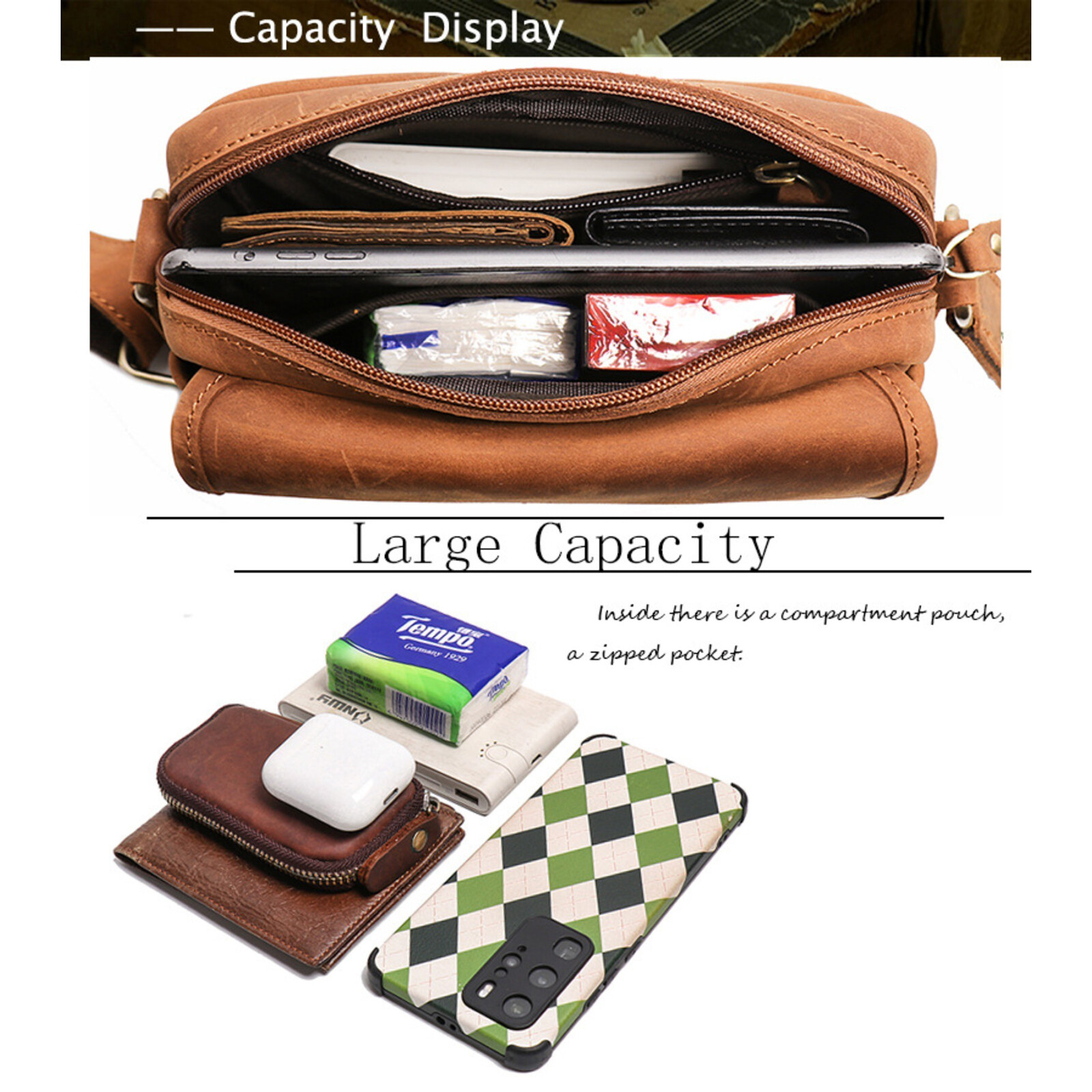 Men Retro Leather Crossbody Messenger Bag Shoulder Satchel for Work Travel