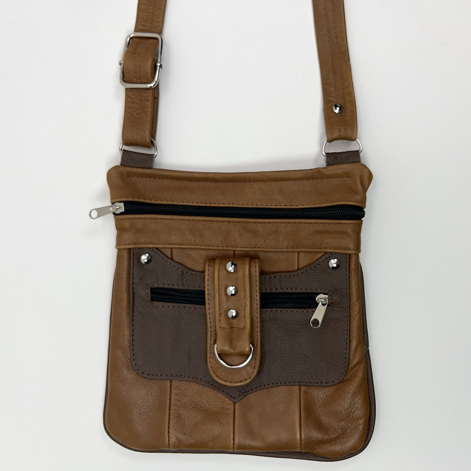 LEATHER Crossbody Bag Adjustable Multi Zip Pockets Silver Studded Buckle Travel