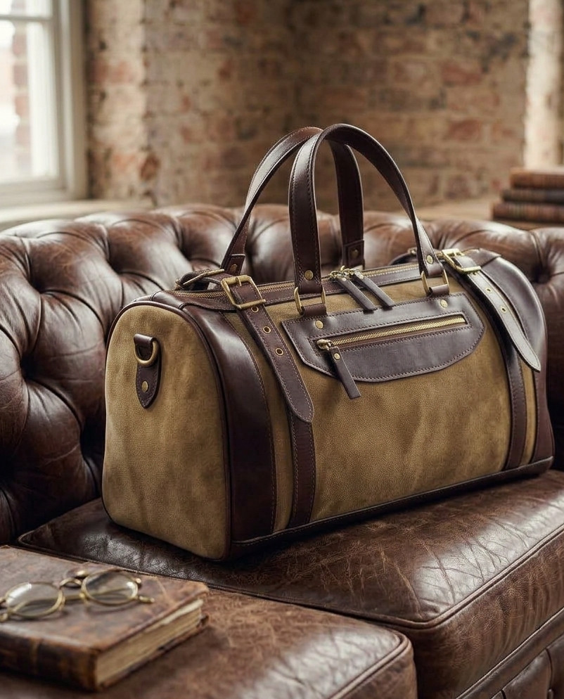 Cowhide Leather Duffel Bag | Cow Leather Patch Olive Weekender bag Travel Bag