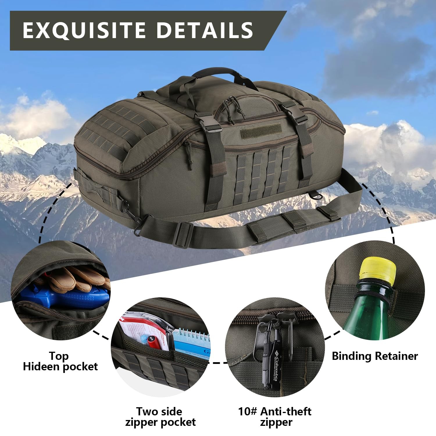 Hannibal Tactical 55L Large Duffle Bag, 3-in-1 Tactical Backpack MOLLE Pack f…
