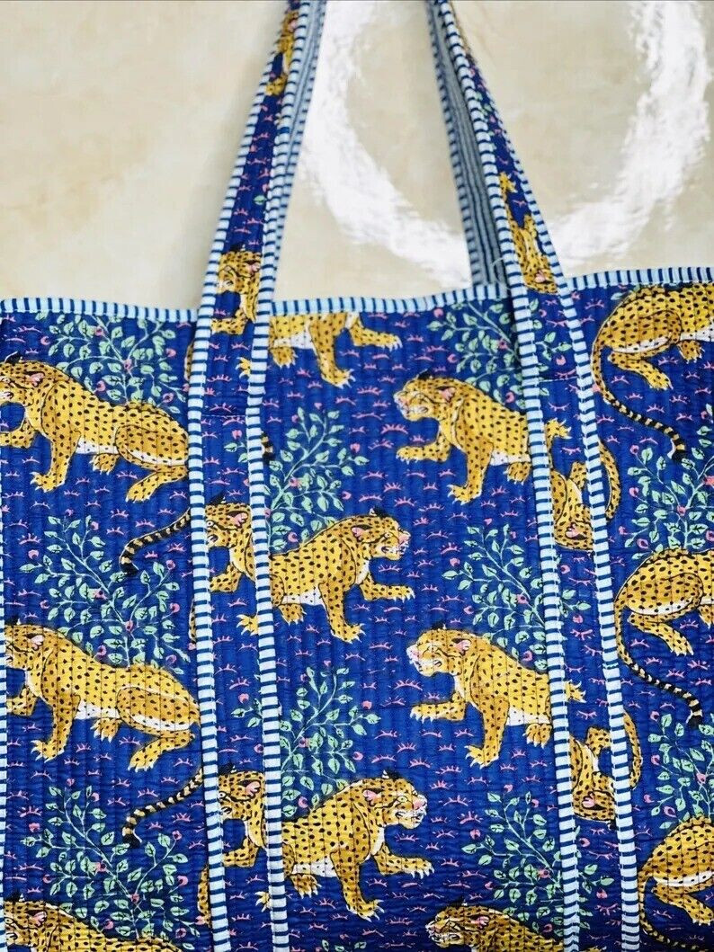 Multi Tiger Print Quilted Cotton Shoulder Bag Beach Style Women’s Handbag