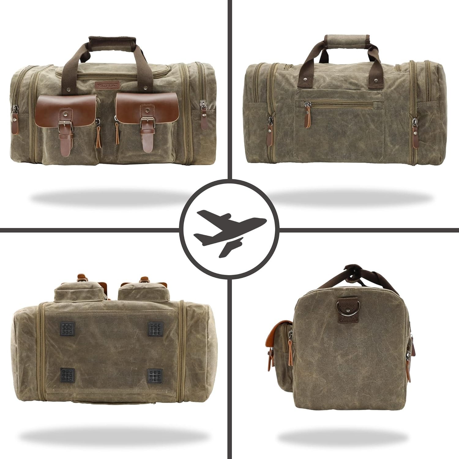 Waterproof Waxed Canvas Duffle Bag – 60L Genuine Leather Weekender Carry-On Bag