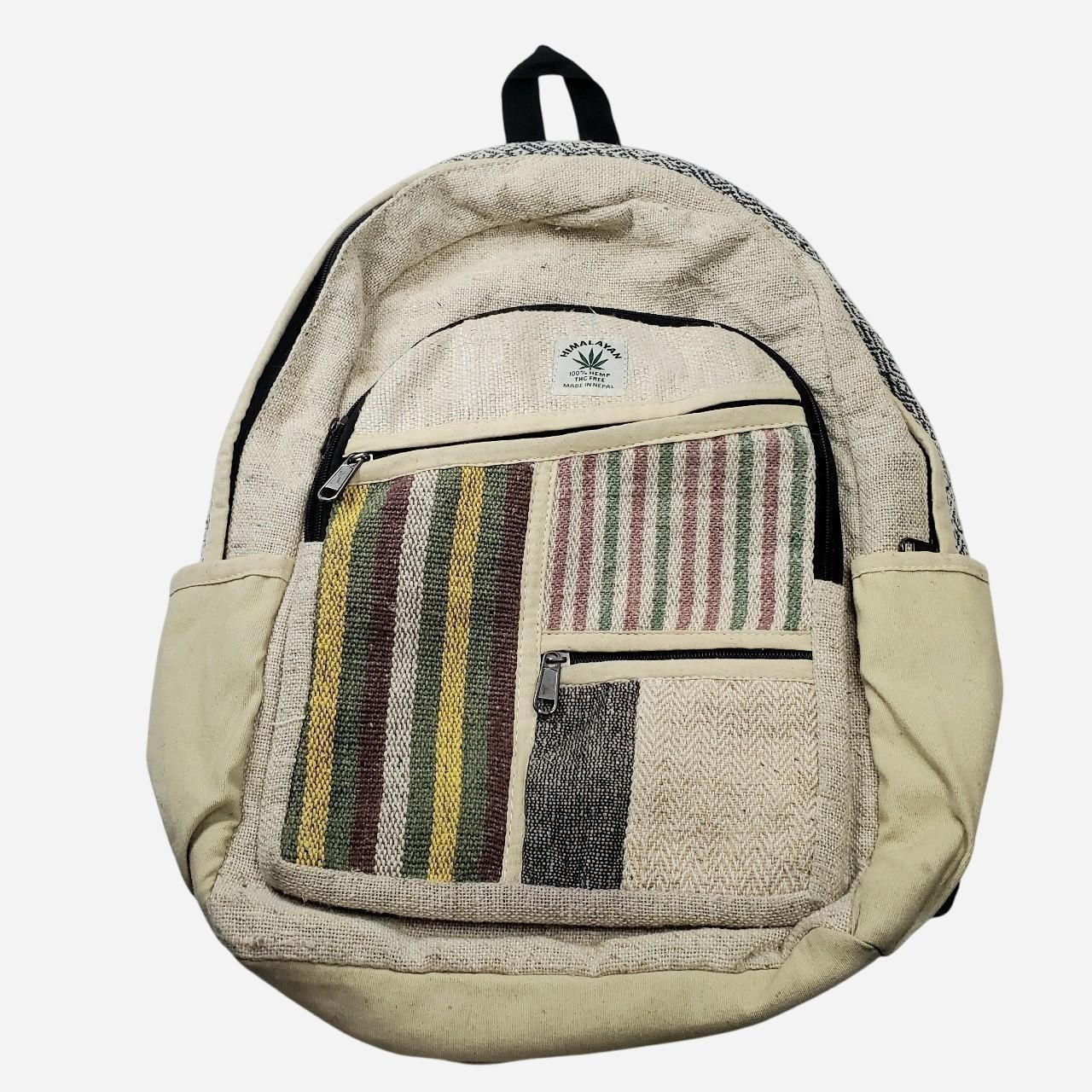 Himalayan Hemp Backpack Unisex Cream Tan 100% Hemp THC Free Striped Multi Zip