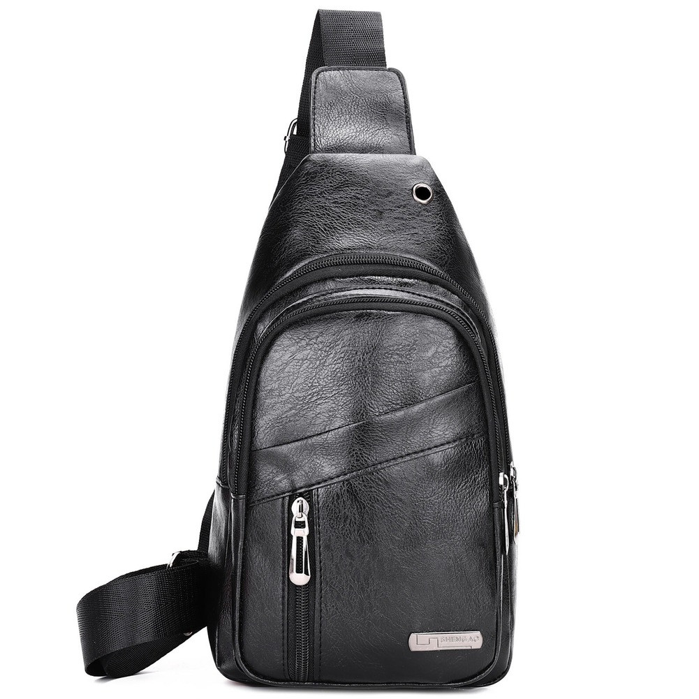 Mens PU Leather Chest Bag Shoulder Pack Earphone Hole Sport Crossbody Handbag US