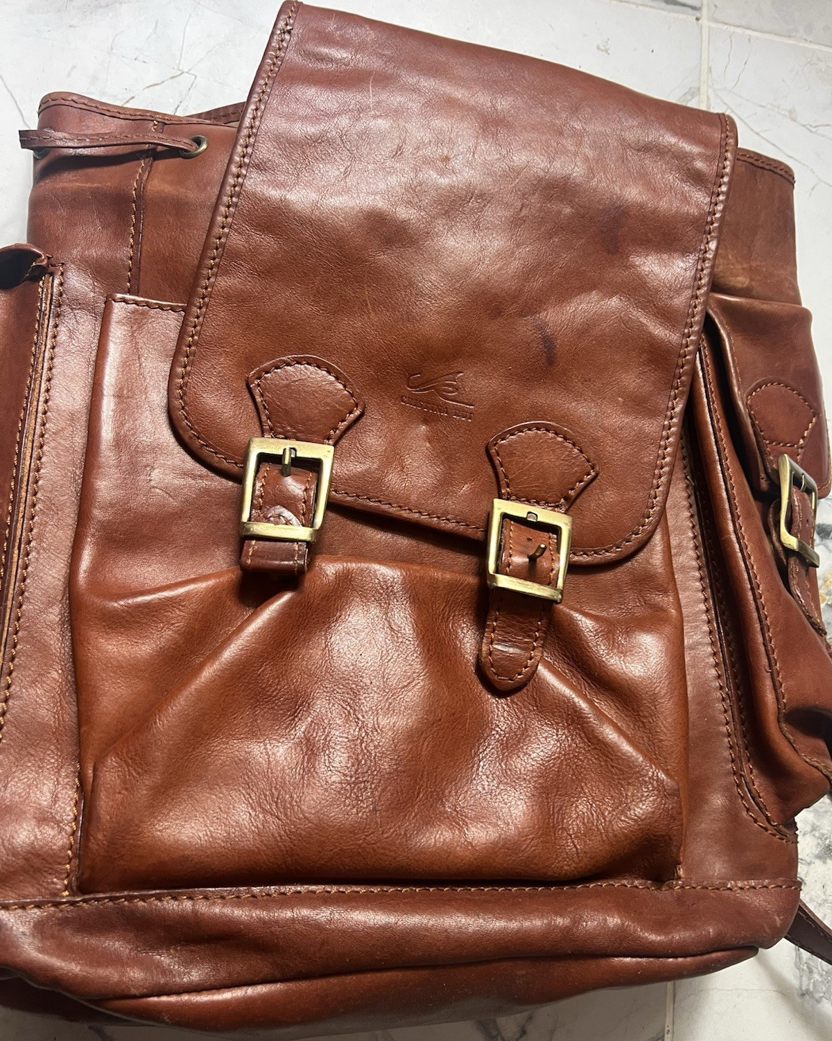 Cristina Rui Brown Backpack Buckle Drawstring Zip Inner Outer Pockets Men’s