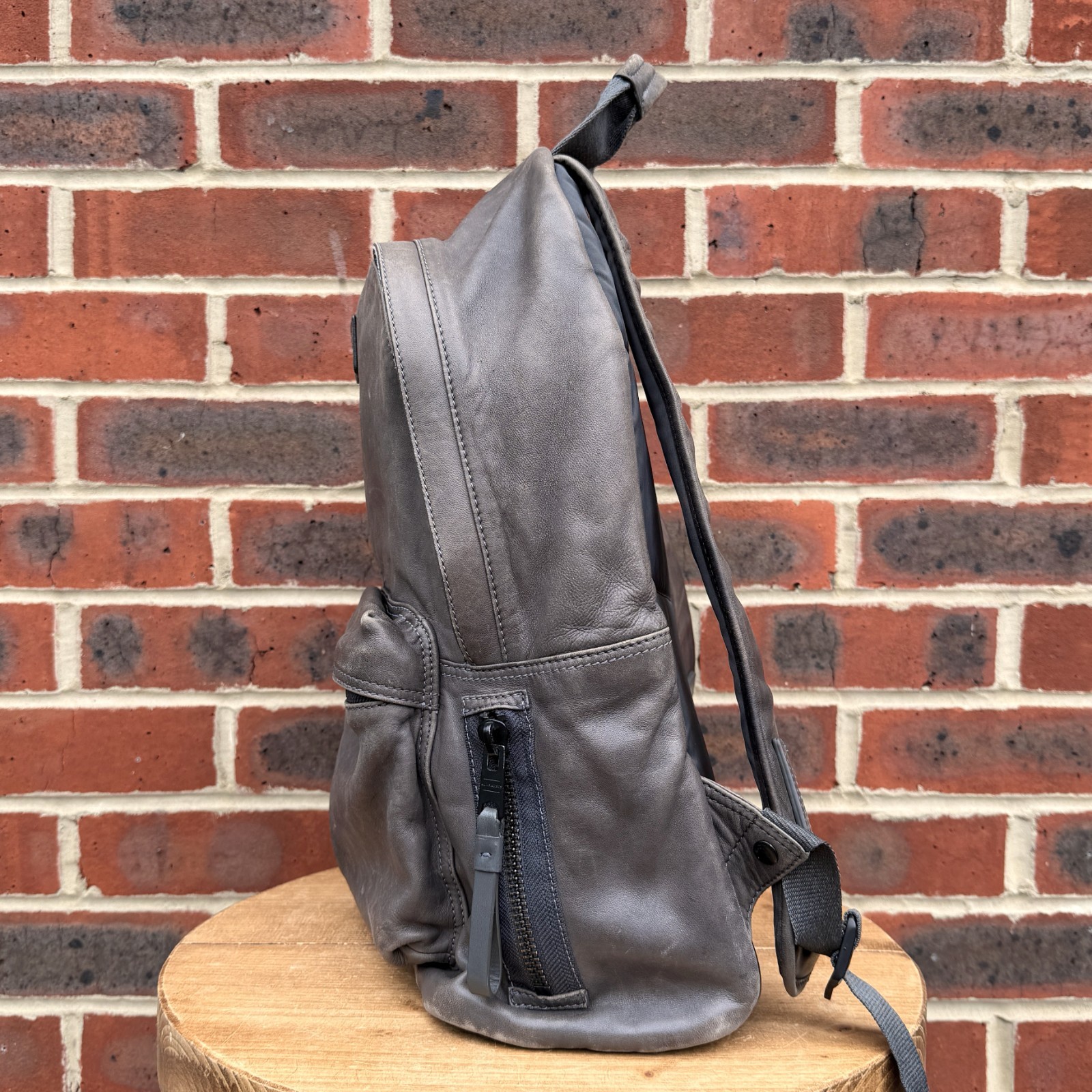 AllSaints ARENA Leather Backpack Bag Grey Brown Mens Ladies Unisex Rucksack