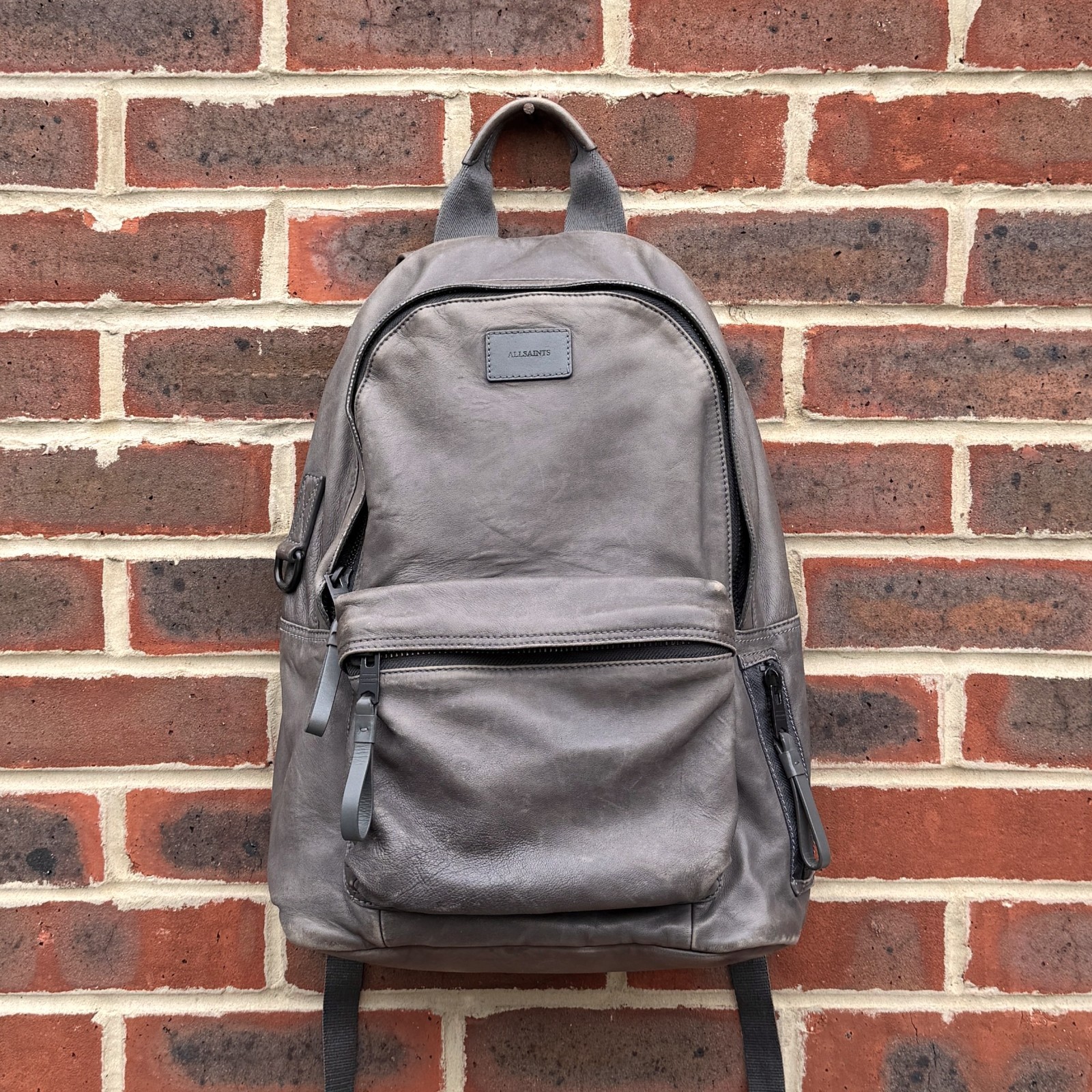 AllSaints ARENA Leather Backpack Bag Grey Brown Mens Ladies Unisex Rucksack