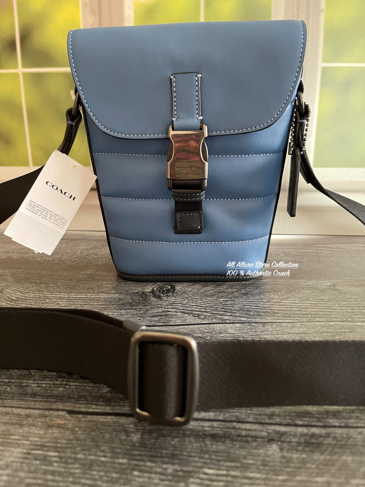 Coach Men Track SkyBlue Leather Crossbody Small Flap Quilting Shoulder Bag