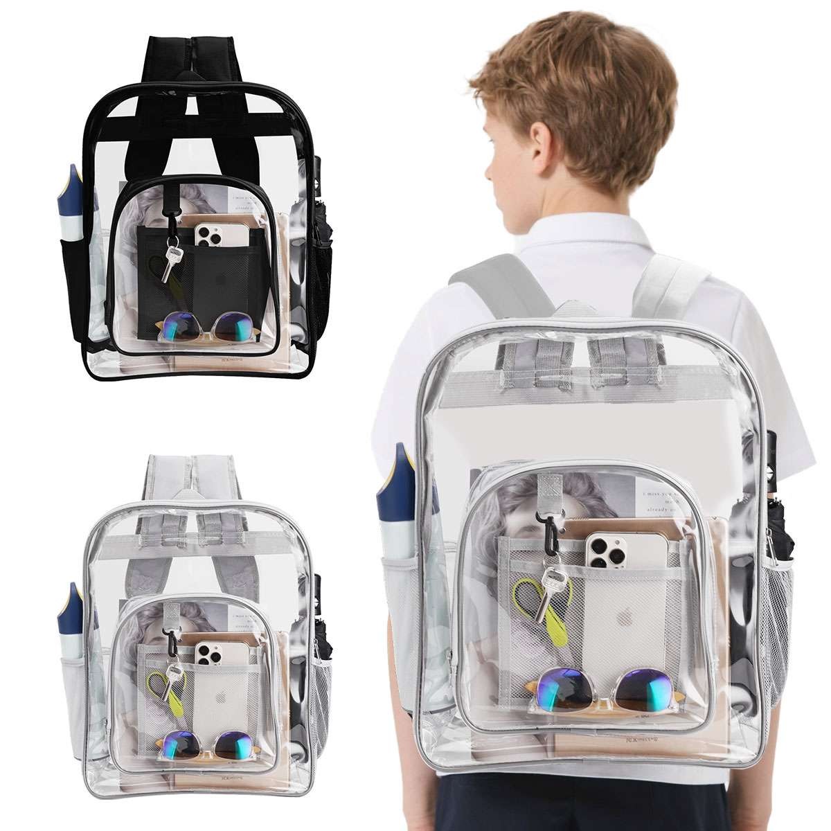 Extra Heavy Duty Clear Backpack Transparent Bookbag Back to School (Black, Grey)