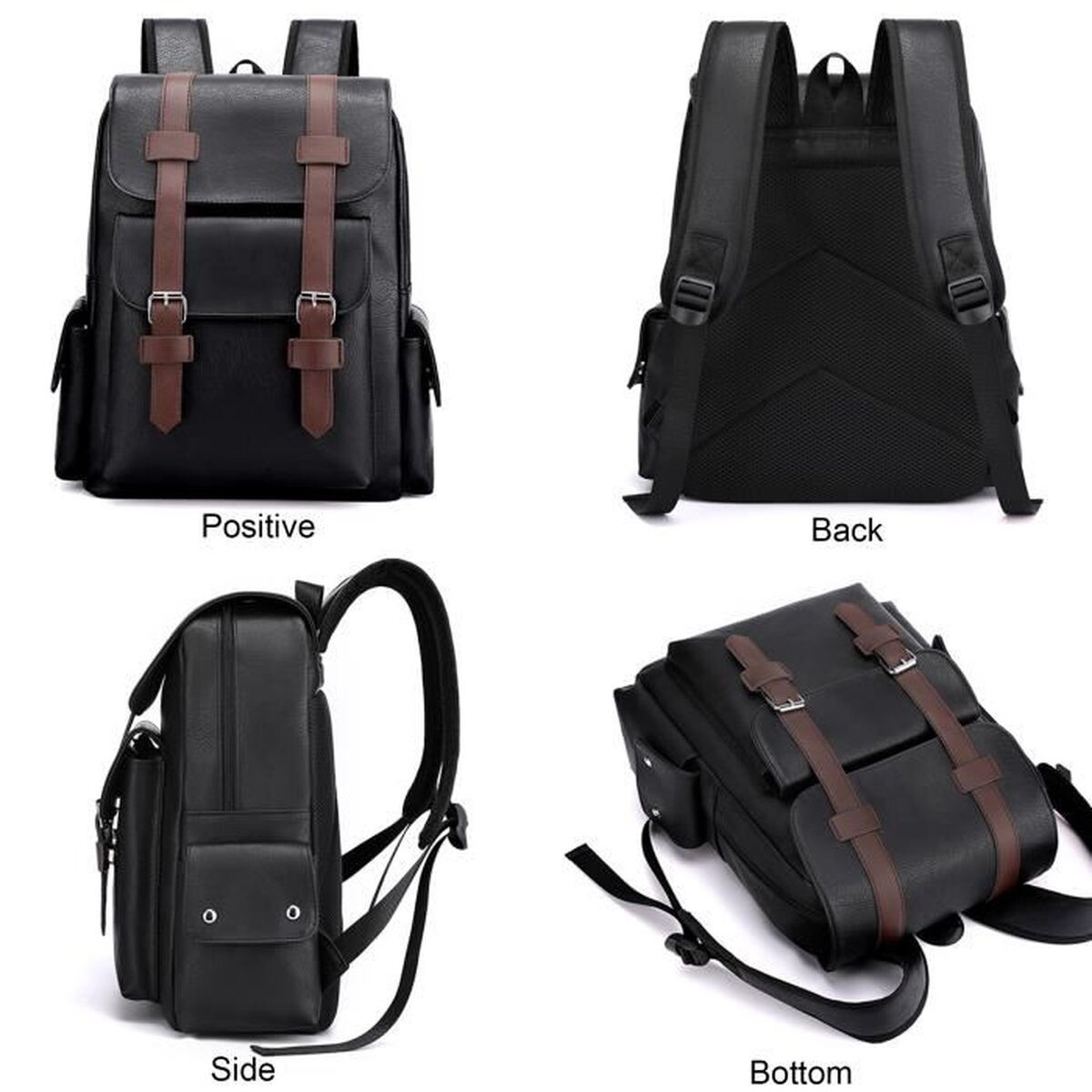 Waterproof PU Leather Backpack 14 Inches Large Capacity Work Travel Black