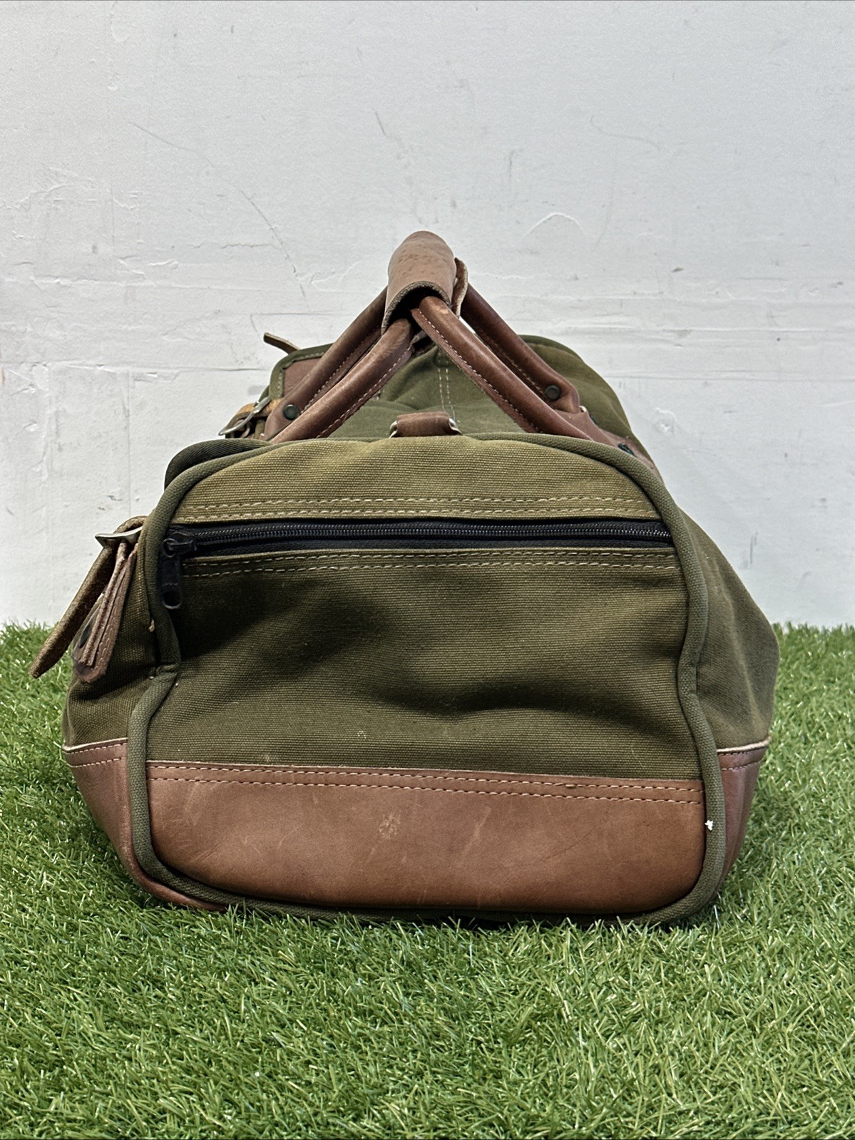 VNTG Orvis Duffle Bag Canvas Leather Green Brown Travel Weekender Luggage Large