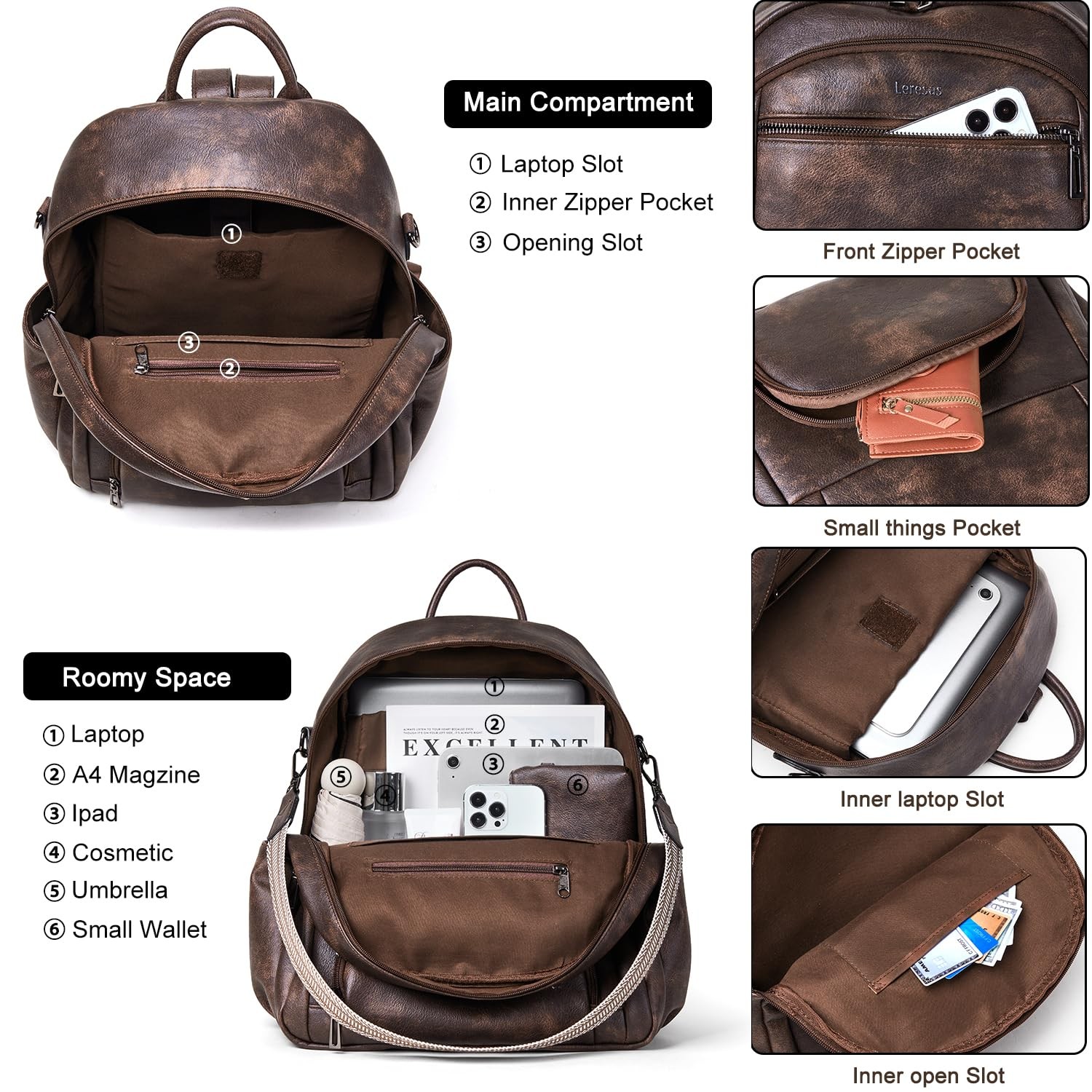 35L Backpack Purse for Women Men Vegan Leather Backpack College Computer Work…