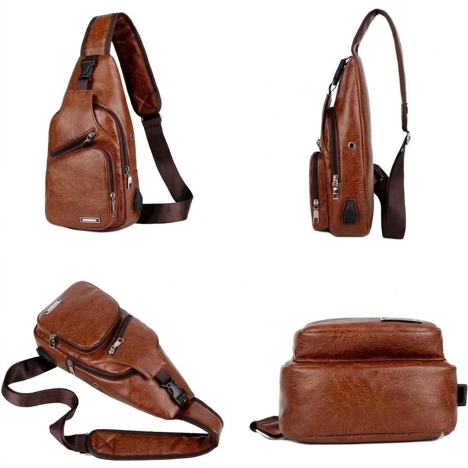 Men’s Brown Sling Backpack Crossbody Chest Bag with USB Charging Port