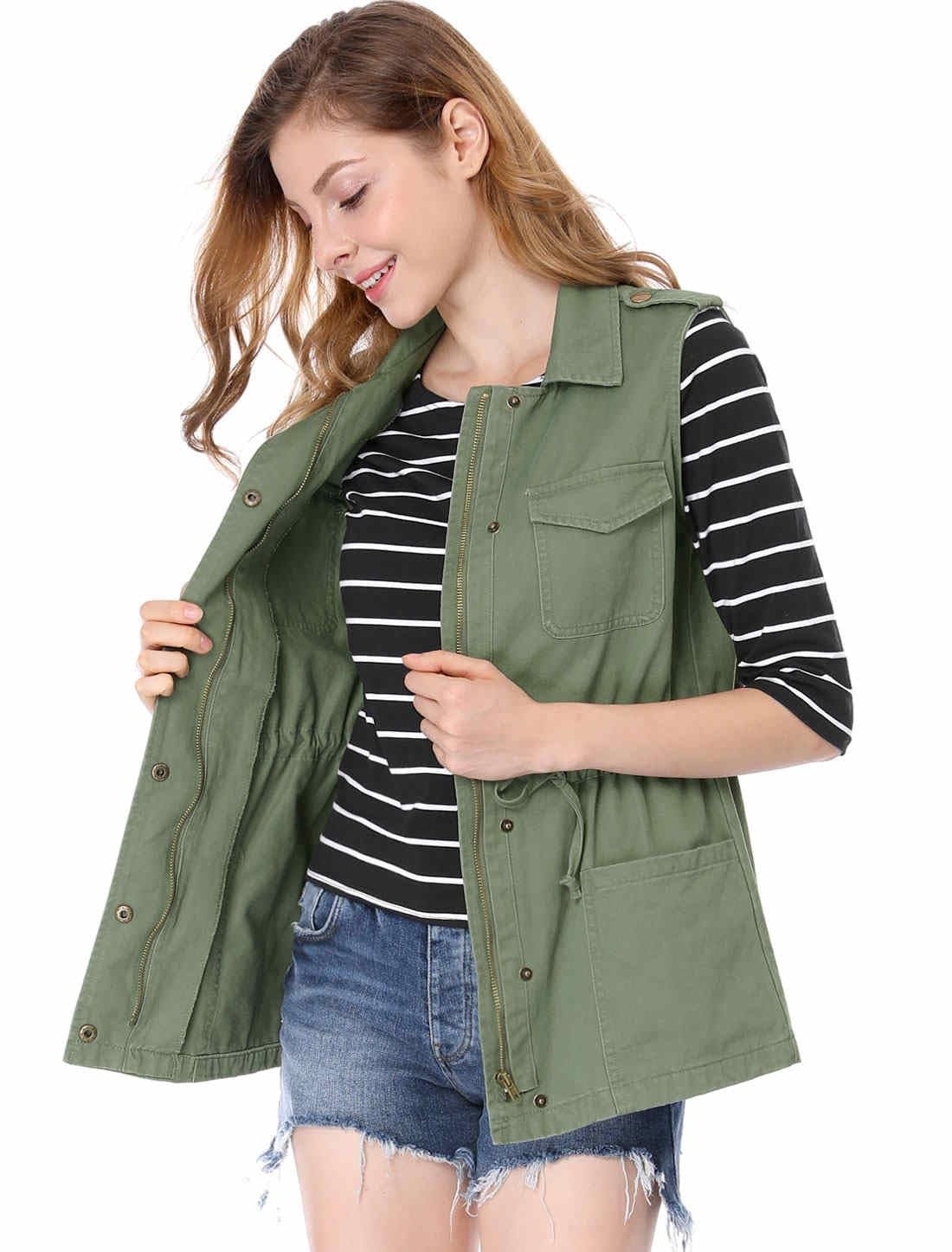 ‘s Functional Pockets Drawstring Waist Cargo Vest M Green (10)