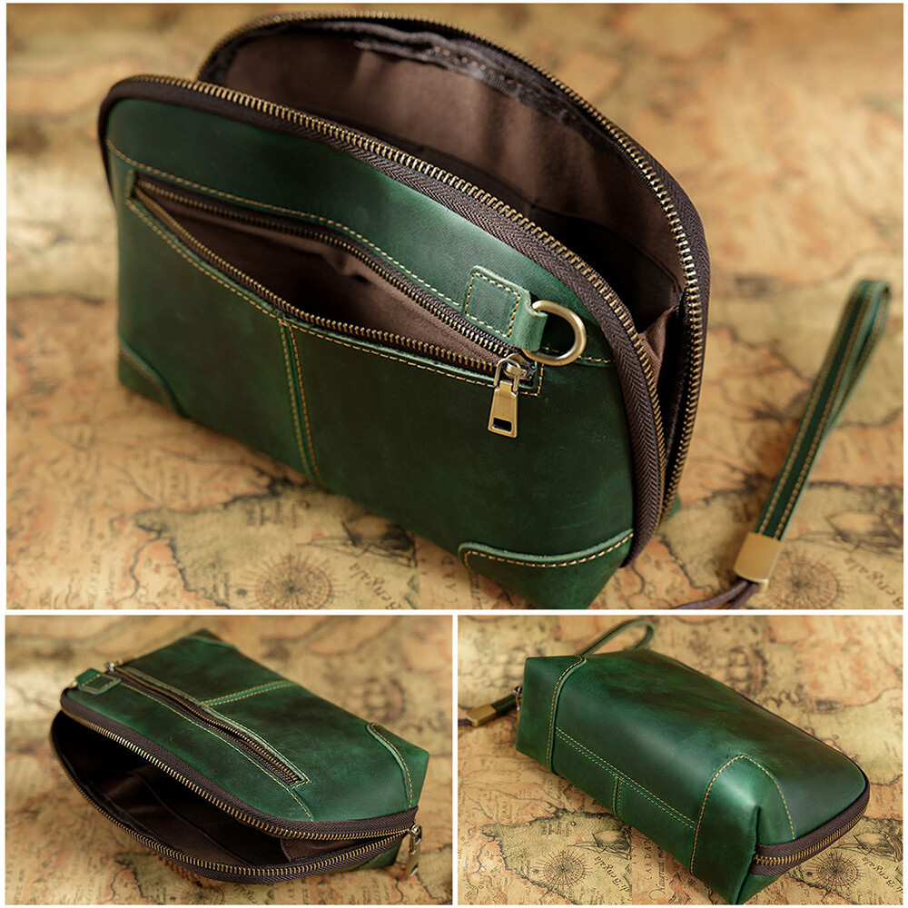 Genuine Leather Men Clutch Bag Earphone Charger Data Cable Storage Pouch Handbag