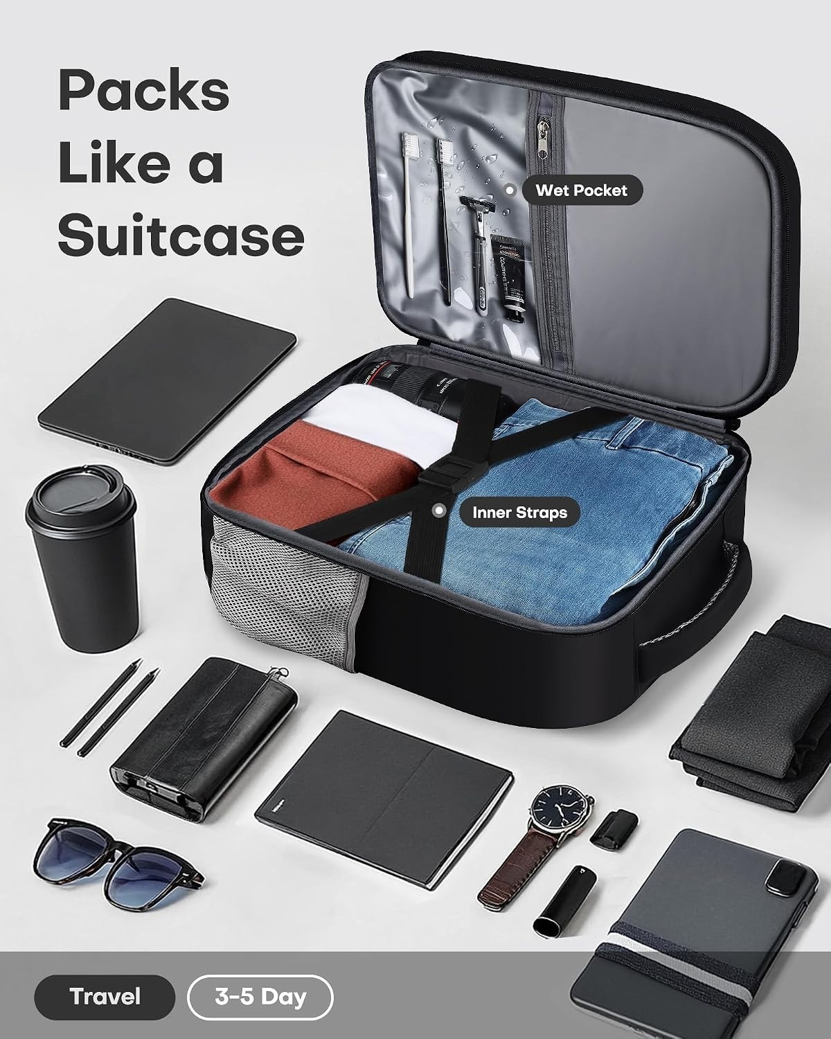Water-Resistant Medium Black Travel Backpack | 6 Pockets & Adjustable Straps