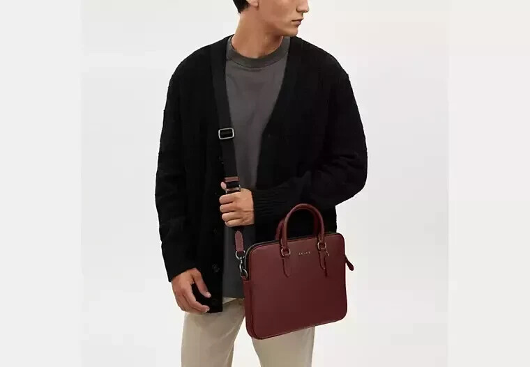 NEW Coach Liam Compact Leather Briefcase Slim Unisex WINE/black nickel Dust bag