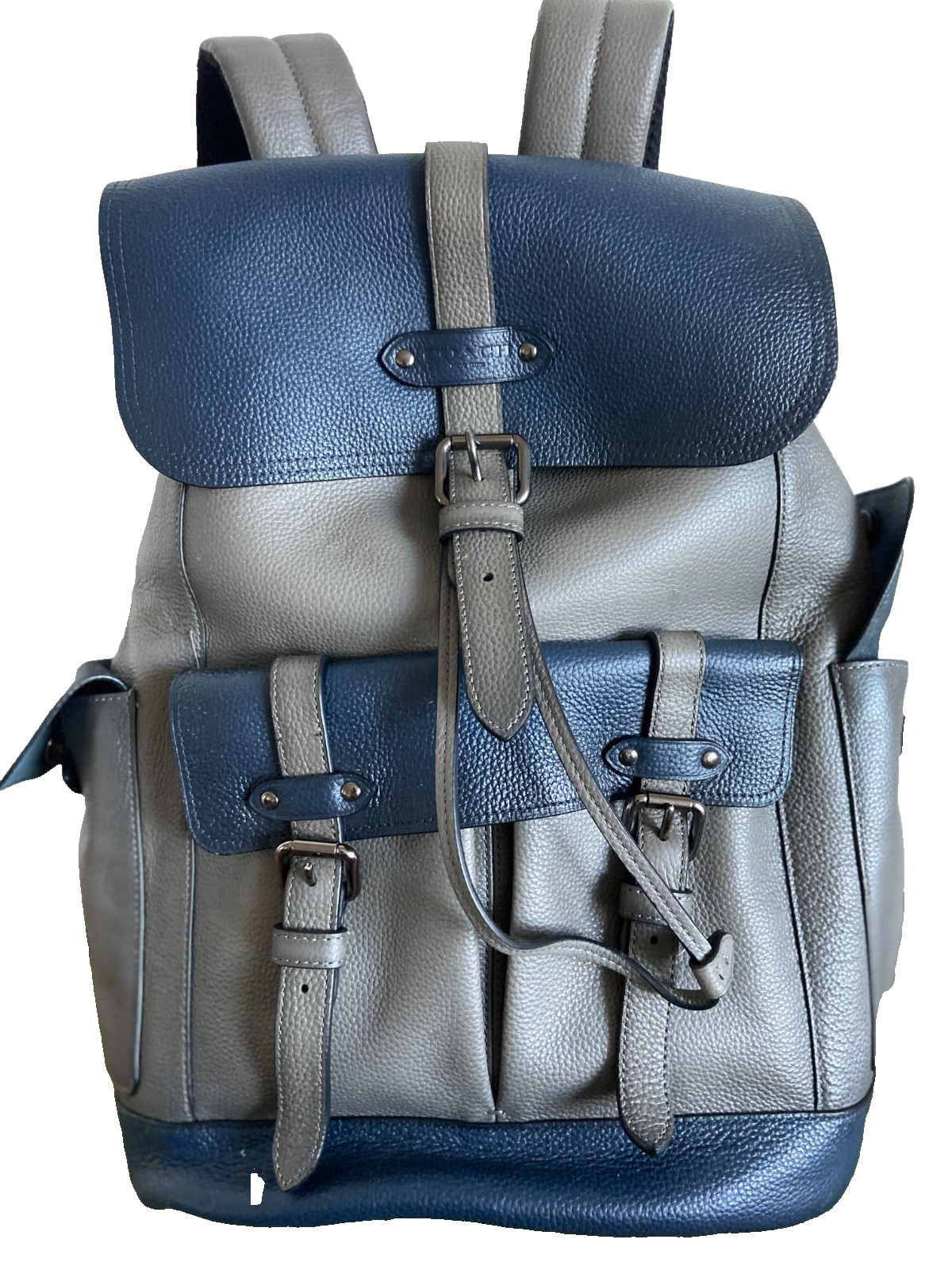 COACH #F49543 Hudson Grain Leather with Racing Stripes Men’s Backpack -Gray/Blue
