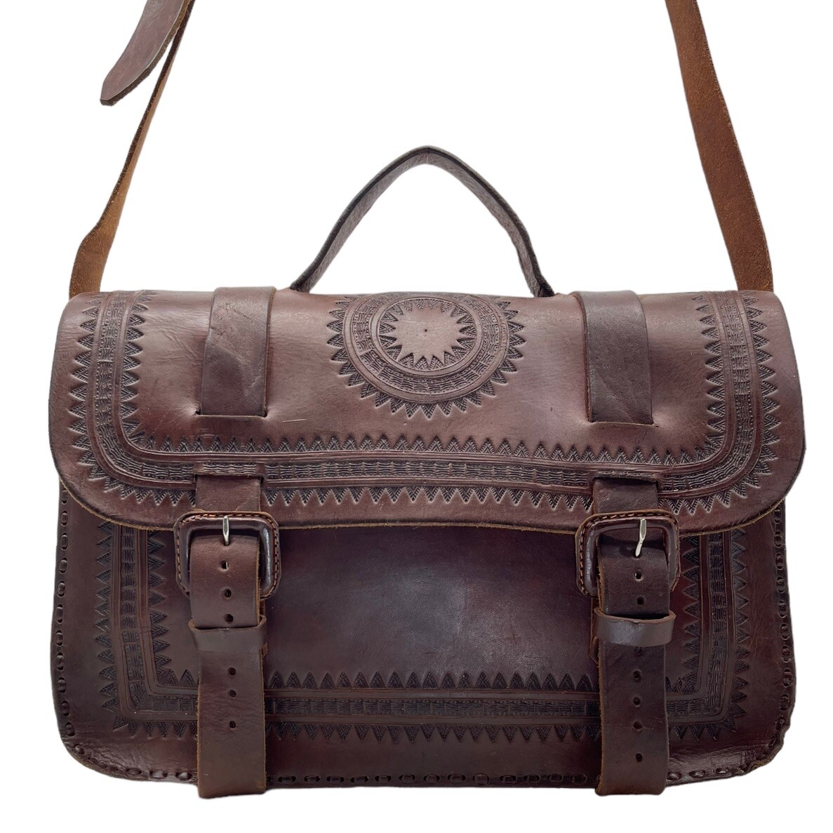 Vintage 70s Large Handmade Tooled Leather Messenger Bag Crossbody Laptop Travel