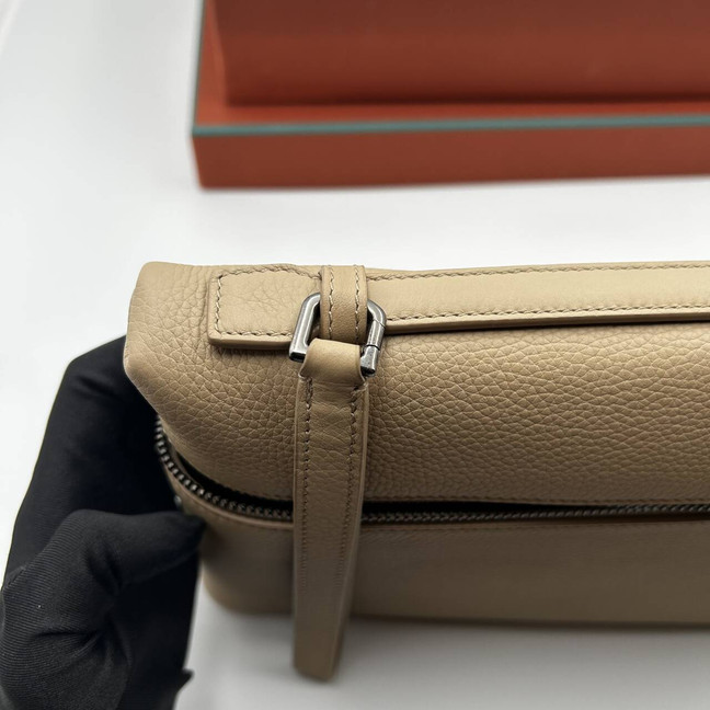 Loro Piana Extra Pouch L29 Grained Calfskin Warm Mastic Onyx Clutch Wristlet Bag