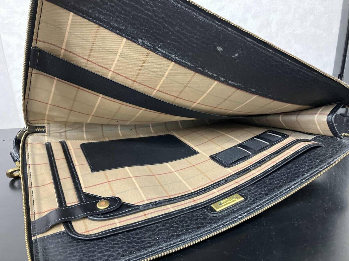 Authentic Burberrys Black Leather Second Bag 26x37cm Deterioration Damage