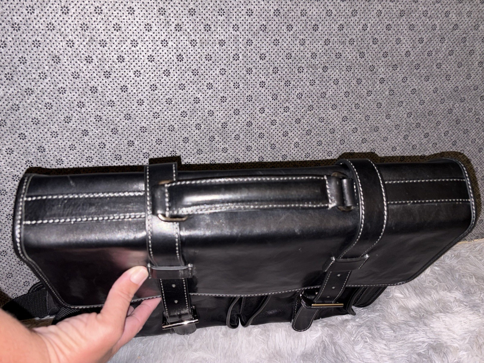 Floto Firenze Black Leather Buckle Strap Briefcase Messenger Bag Made In Italy