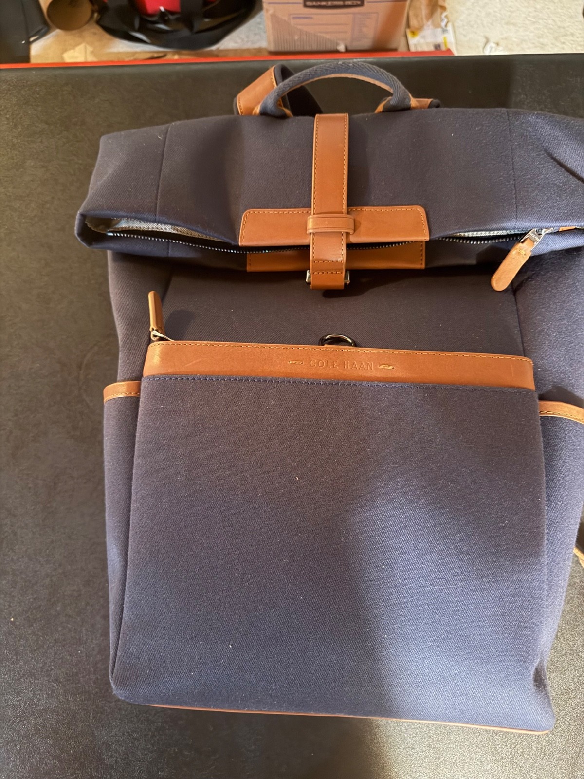 Cole Haan Navy Canvas Backpack with Cognac Leather Trim