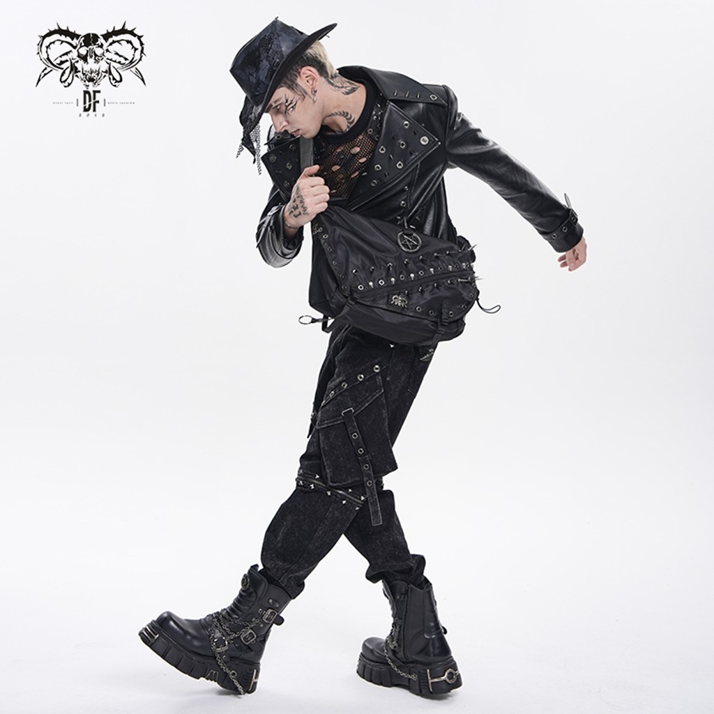 Devil Fashion Men Black Gothic Punk Skull Stud Spiked Shoulder Bag Messenger Bag