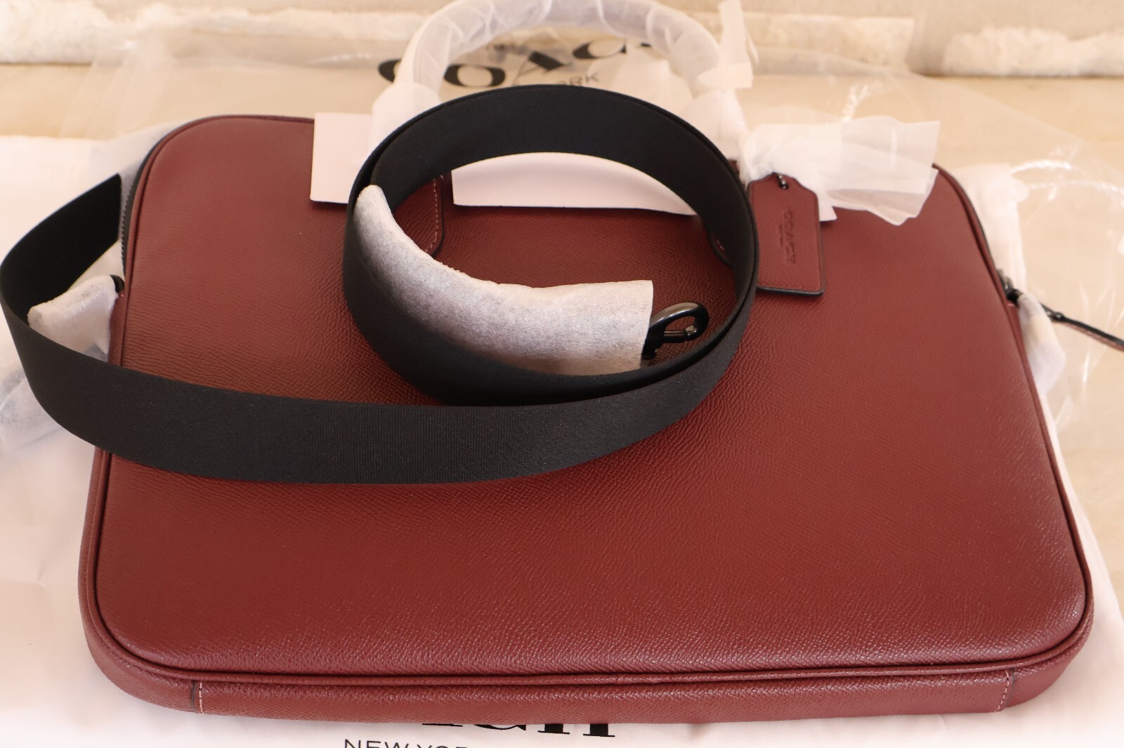 NEW Coach Liam Compact Leather Briefcase Slim Unisex WINE/black nickel Dust bag