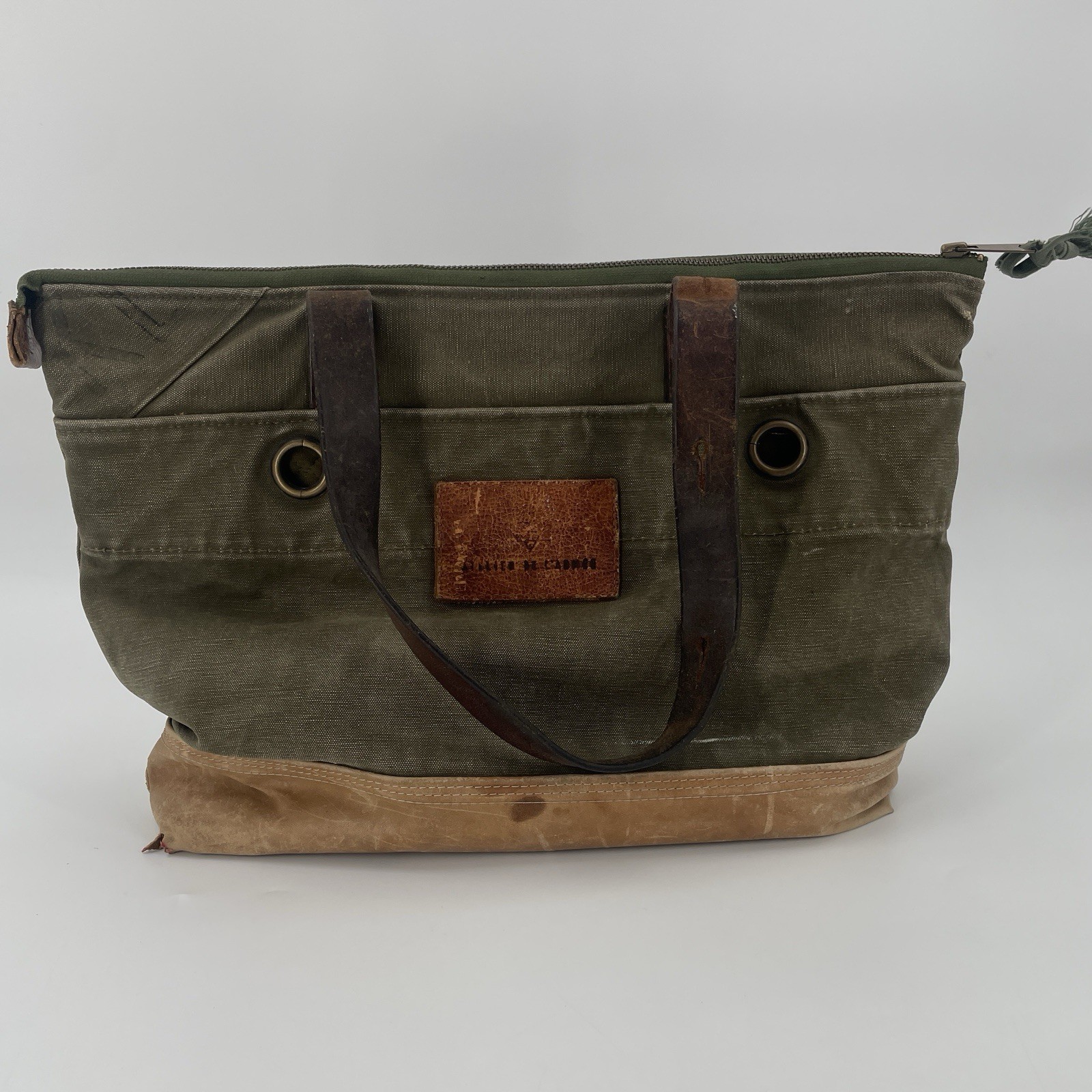 Atelier de L’Armee Green Canvas Brown Leather Tote Bag – Distressed