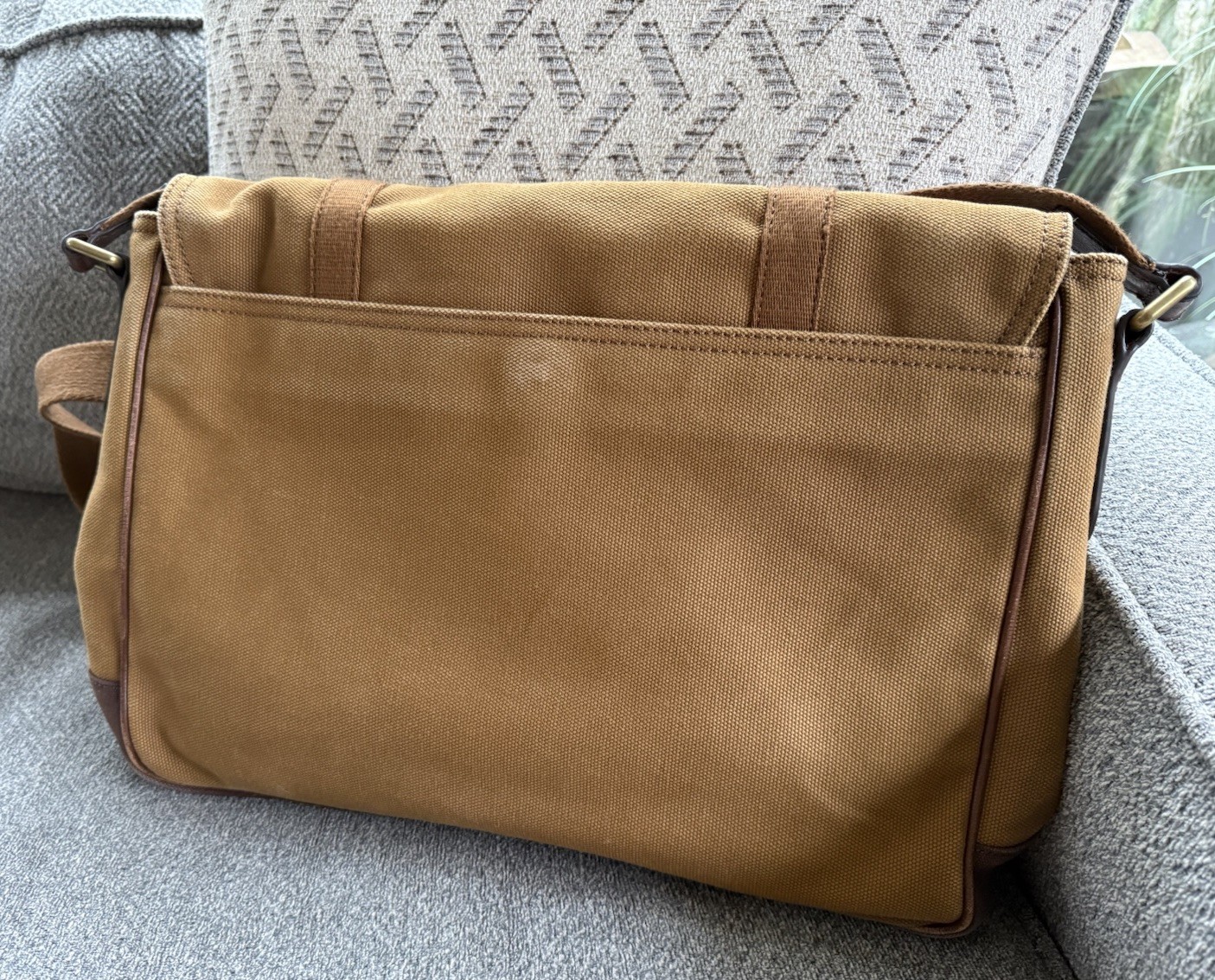 Fossil Canvas & Leather Messenger Bag In Two Tone Brown Padded Pocket Cow Hide