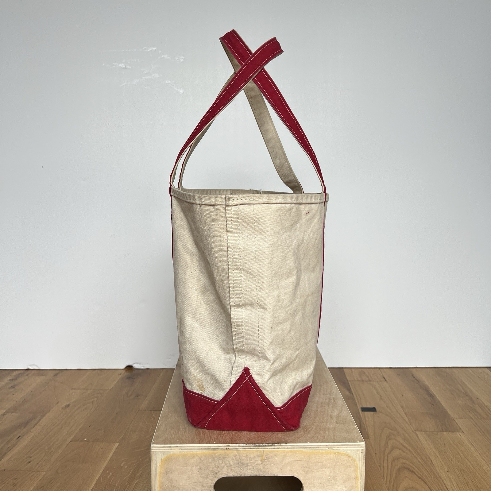 Vintage 90’s 00’s LL Bean Boat and Tote Bag Large Ivory Red Canvas USA Stained