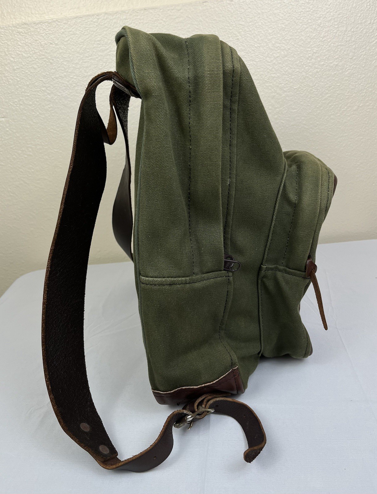 Duluth Pack Green Canvas & Brown Leather Backpack Made In USA YKK Zip Rare