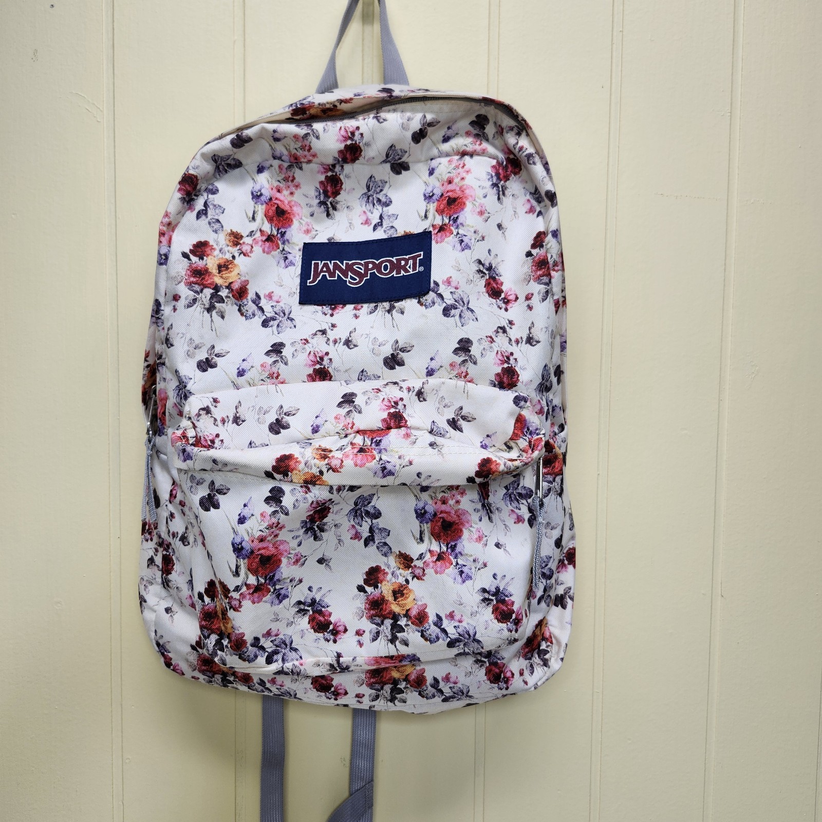 Jansport Backpack, Floral Superbreak White With Multicolor Flowers Front Pocket