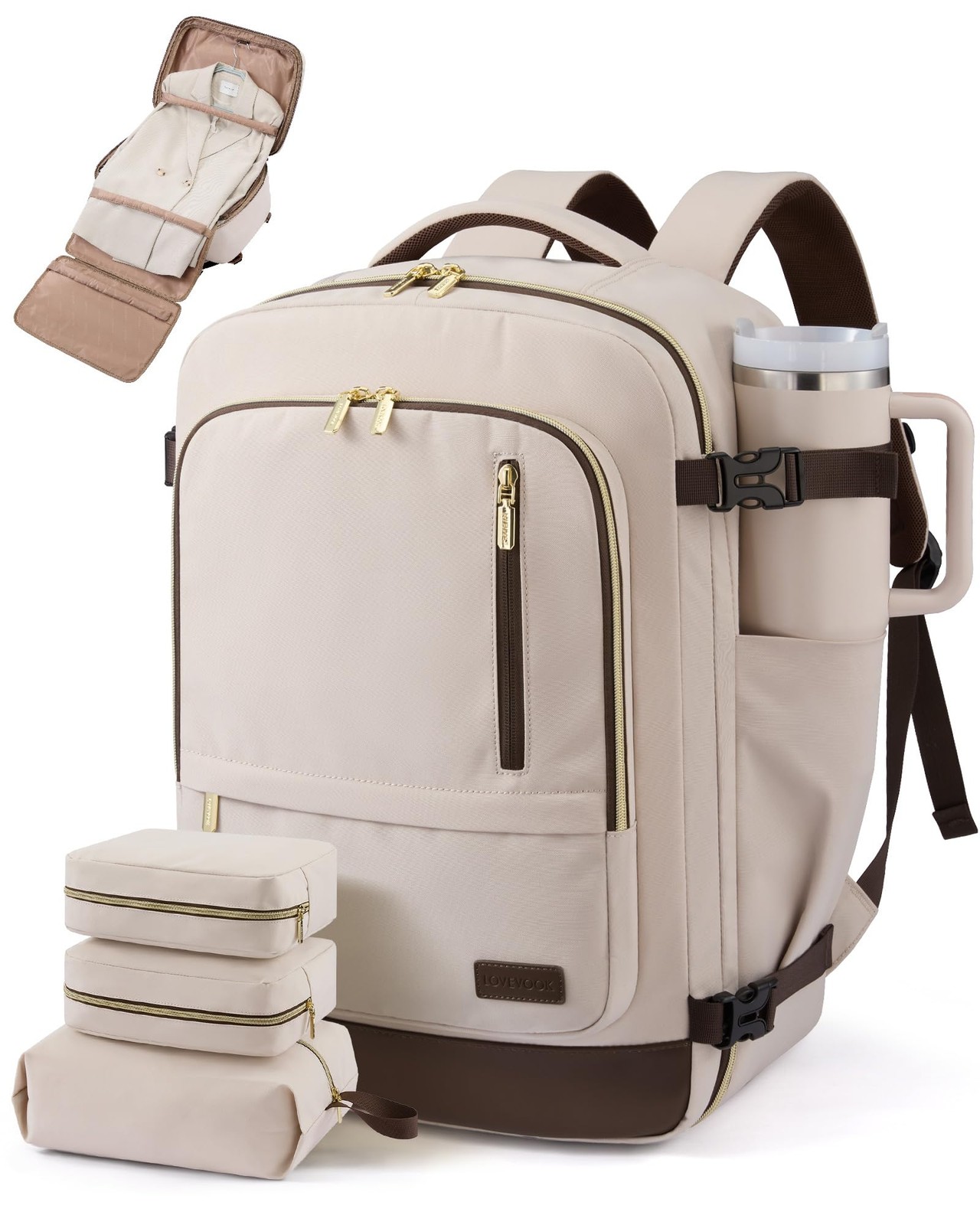 Mochila De Viaje 40L Con Bolsa Para Trajes Y 3 Cubos De Embalaje Rosa