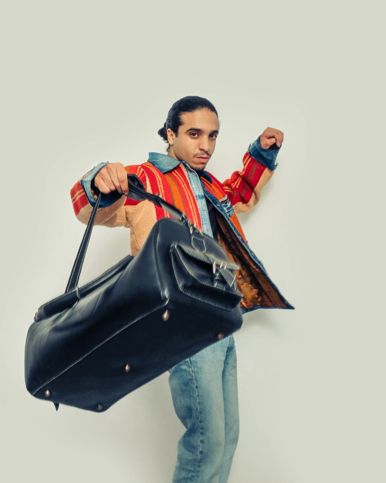 Handmade Black Full Grain Leather Duffle Bag Weekend Travel Brass Hardware
